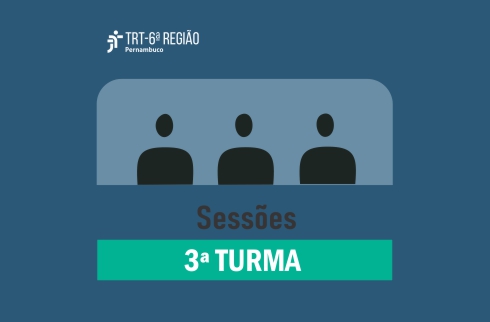 Sobre fundo azul, imagem de três adultos e inscrição 'Sessões - 3ª Turma'