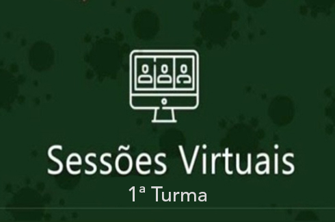 Sobre fundo verde, imagem de computador e a inscrição 'Sessões Virtuais - 1ª Turma'