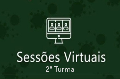 Campo verde com desenho e letras brancas. Tela de computador e a inscrição Sessões Virtuais, 2ª Turma