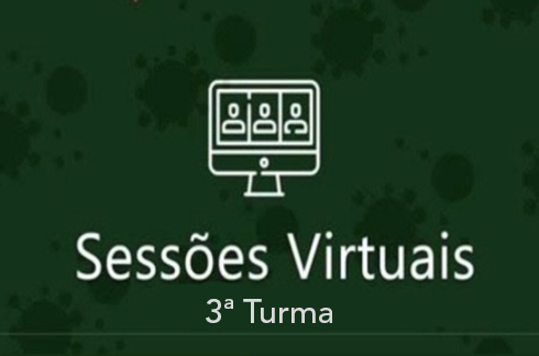 Computador e texto &quot;Sessões virtuais 3ª Turma&quot;