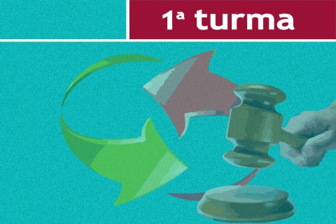 Imagem de duas setas formando uma espécie de círculo dando ideia de movimento. Ao lado, um martelo estilo os usados para simbolizar a justiça