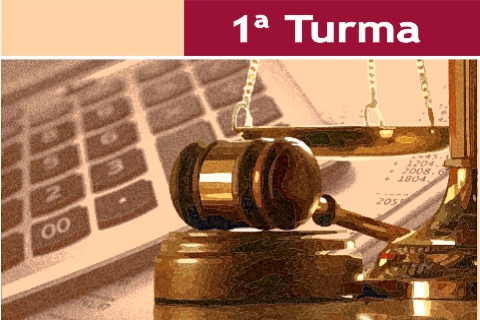 Ilustração com teclado, estátua da Deusa Têmis (Deusa da Justiça) e um martelo de juiz. Contém texto &quot;1ª Turma&quot;