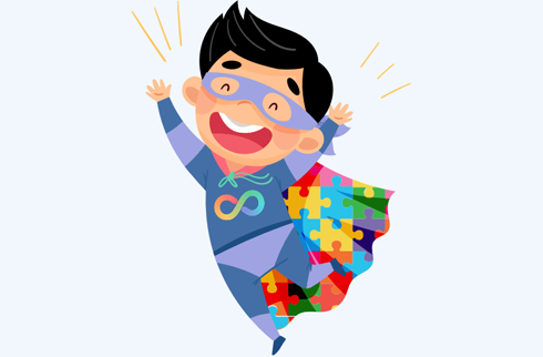 Desenho de uma criança pulando de alegria. Ela usa uma roupa tiro super-herói, com uma capa com o quebra-cabeças do autismo e camisa com o símbolo da neurodiversidade