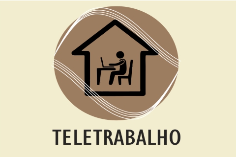Ilustração de uma pessoa trabalhando em casa. Contém texto &quot;Teletrabalho&quot;