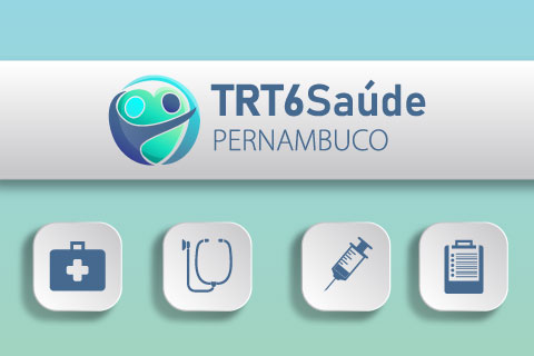 Logomarca do TRT6 Saúde e imagens de estetoscópio, seringa, e outros instrumentos de saúde
