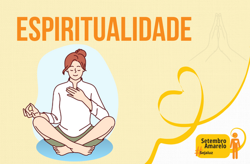 Ilustração de uma mulher sentada em posição de lótus e texto ESPIRITUALIDADE