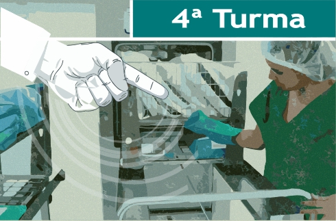 Ilustração de uma pessoa trabalhando em um hospital. No topo da imagem há o texto 4ª Turma