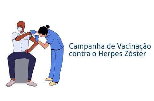 Desenho de um homem recebendo vacina de uma enfermeira. Ao lado 'Campanha de Vacinação contra o Herpes Zóster'