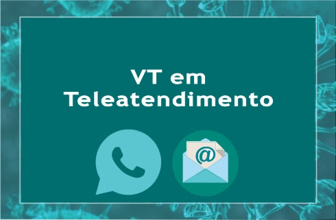 Ilustração de um telefone e texto &quot;VT em teleatendimento&quot;