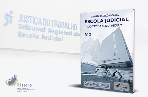 Card branco, em marca d'água e perspectiva, a fachada da Escola Judicial
