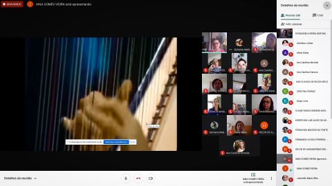 Imagem da sala de reunião virtual, com uma harpa em destaque e os participantes do lado direito da tela