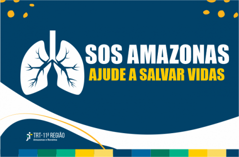 Ilustração de um pulmão e texto &quot;SOS Amazonas - ajude a salvar vidas&quot;