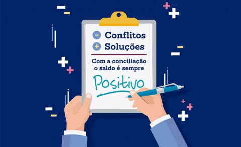 Ilustração de um papel escrito &quot;-Conflitos + soluções = com a conciliação o saldo é sempre positivo&quot;