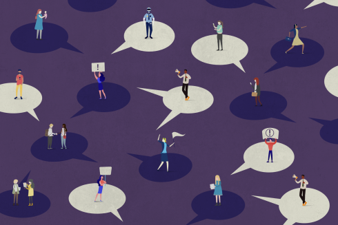 Arte de fundo roxo mostra ilustração de várias pessoas, distantes umas das outras, ligadas por balões de diálogo