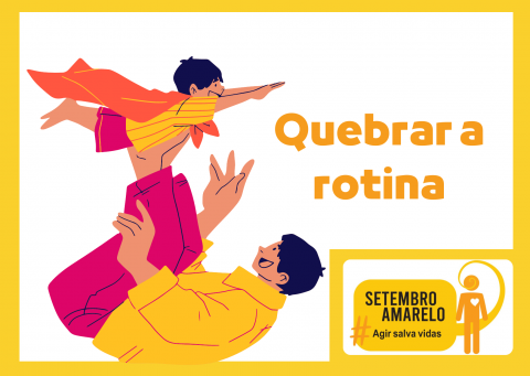 Ilustração de um pai brincando com um filho. No canto da imagem, há a logomarca do Setembro Amarelo