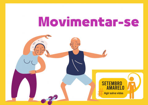 Ilustração de pessoas fazendo exercício e logomarca da campanha Setembro Amarelo