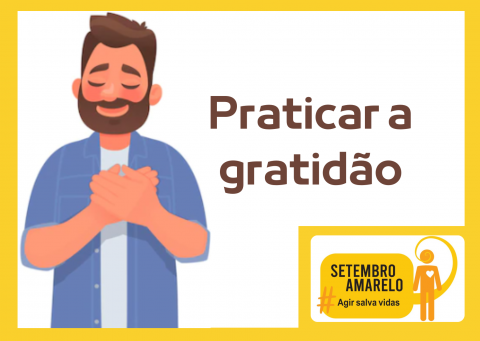 Ilustração de um homem tocando o peito e com expressão serena. No canto da imagem há a logomarca da campanha Setembro Amarelo