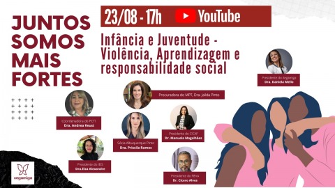 Ilustração com fotos dos palestrantes e texto Infância e Juventude - violência, aprendizagem e responsabilidade social, 23/08, 17h, YouTube