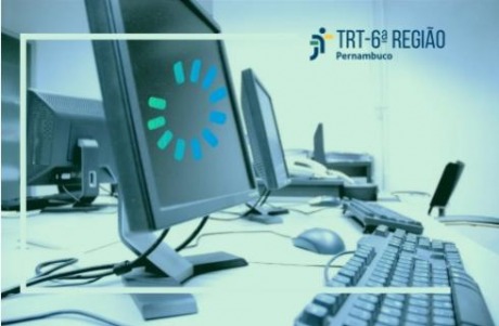 Imagem de telas e teclados de computadores e a logo do TRT6