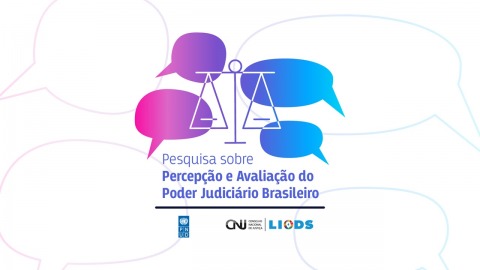 Ilustrações com balões de fala e texto &quot;Pesquisa e Avaliação do Poder Judiciário Brasileiro&quot;
