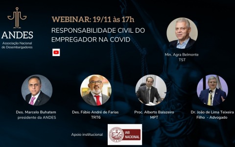 Arte promocional do webinar Responsabilidade Civil do Empregador na Covid. Com fotos dos palestrantes, logomarca da ANDES e do YouTube