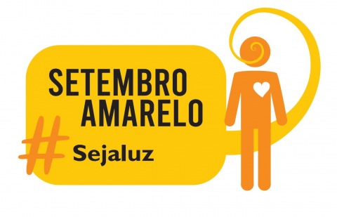 Imagem de um boneco amarelo. De dentro do coração dele sai um balão escrito ' Setembro Amarelo, seja luz&quot;