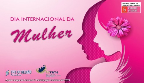 Em fundo rosa, a silhueta de uma mulher com uma flor na orelha. Ao lado, a inscrição 'Dia Internacional da Mulher'.