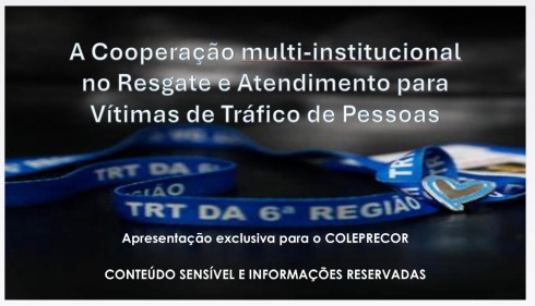 Tela de fundo preto mostra o texto a cooepração multi-institucional no resgate e atendimento para vítimas de tráfico de pessoas