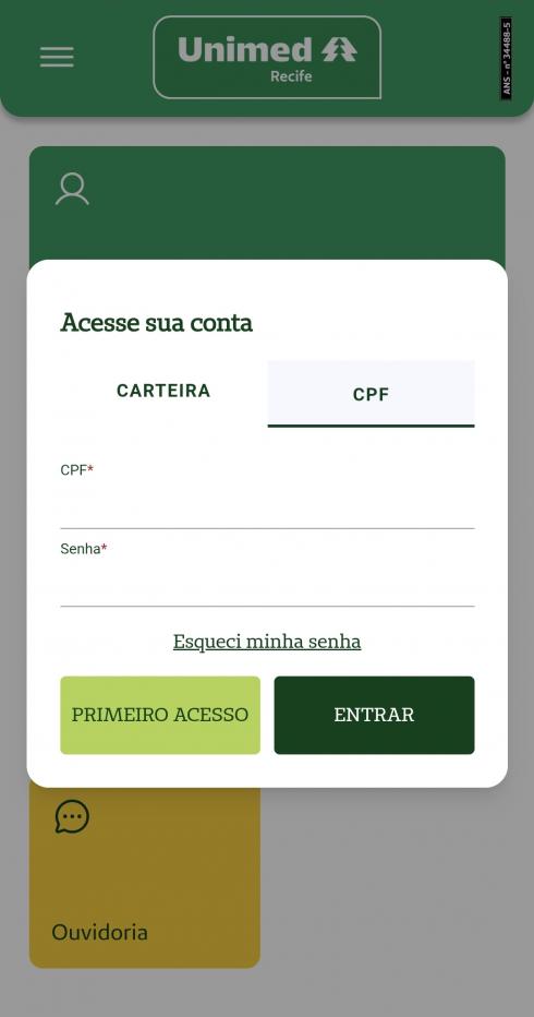 imagem da tela de acesso do aplicativo da Unimed Recife