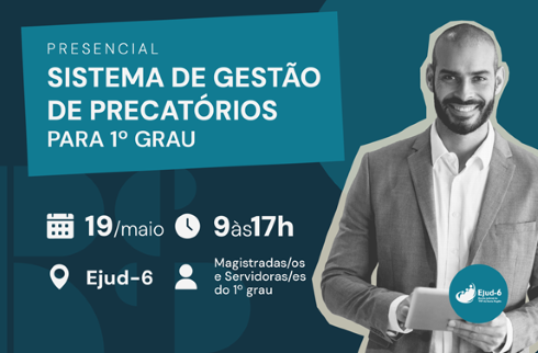 imagem homem segurando um tablet, com roupa formal; informações sobre o curso, com data, horário e local