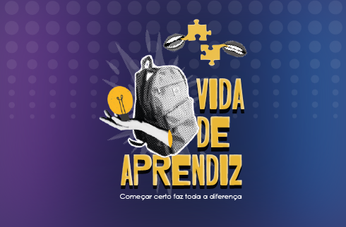 arte fundo azul com mochila cinza e texto vida de aprendiz