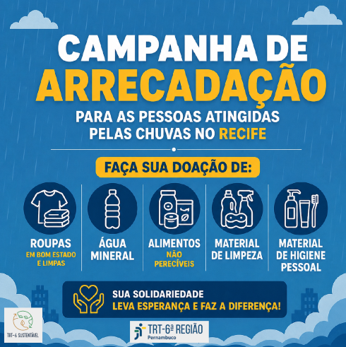 arte em fundo azul com ícones de roupas água mineral alimentos e material de limpeza