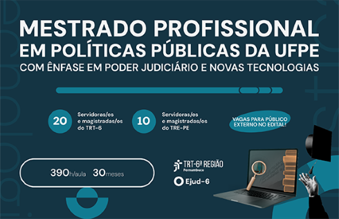 Arte com livros, notebook, lupa com balança da justiça e capelo de formatura, reforçando o contexto acadêmico e jurídico