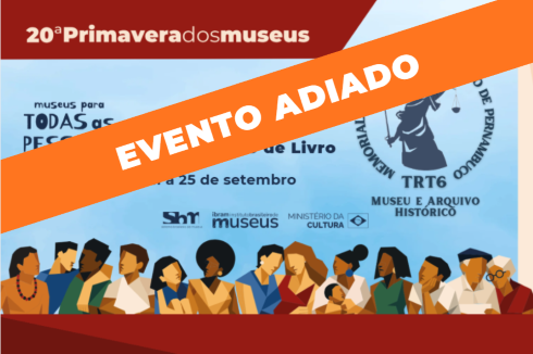 arte com desenho de pessoas diversas tarja laranja texto evento adiado
