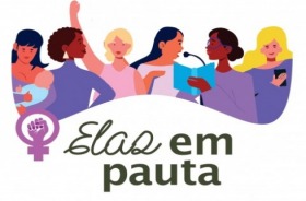 Card em fundo branco com arte e texto "Elas em pauta"
