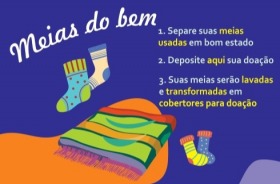 Card em fundo azul com arte e informações da campanha "Meias do Bem"