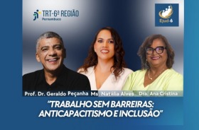 Arte fundo azul foto de três palestrantes um homem e duas mulheres marcas do trt e da ejud