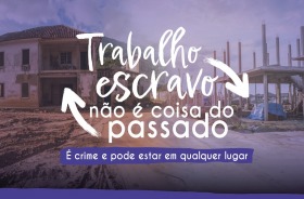 Arte de fundo roxo mostra o texto Trabalho escravo não é coisa do passado
