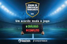Arte azul tem o texto Um acordo muda o jogo e a logo da Semana Nacional da Conciliação e da JT