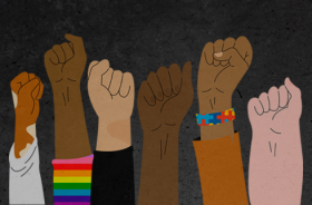 Arte de fundo preto mostra seis mãos de direfentes cores com punhos cerrados