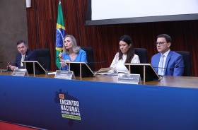Na foto, duas mulheres e dois homens sentados diante da mesa de um auditório