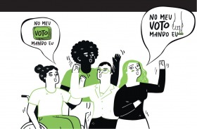 Ilustração mostra quatro pessoas falando No meu voto mando eu