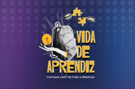 arte fundo azul com mochila cinza e texto vida de aprendiz