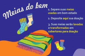 Card em fundo azul com arte e informações da campanha "Meias do Bem"