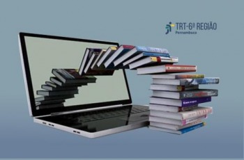 Foto montagem onde aparecem vários livros 'saindo de dentro' de uma tela de notebook