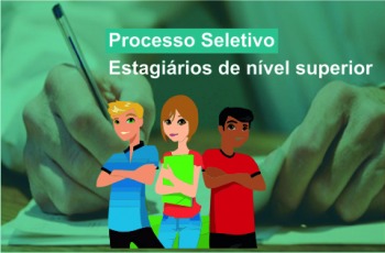 Ilustração onde aparece a ilustração de três jovens, tendo ao fundo um close de uma pessoa respondendo uma prova