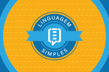 Card em fundo azul e amarelo com selo do certificado Linguagem Simples do CNJ
