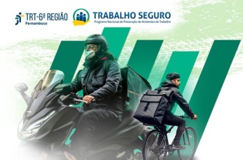 Card em fundo prdominantemente verde com imagem de ciclista e motociclista entregadores de aplicativo e logos do TRT-6 e do Prog