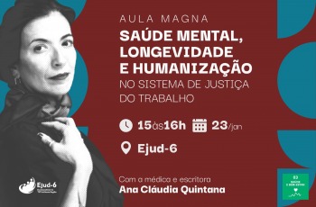 Card com fundo cor de telha e formas geométricas em azul nas extremidades. Foto da palestrante no lado esquerdo, em preto e bran