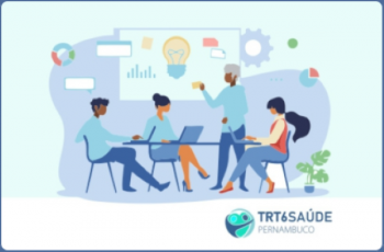Arte com pessoas reunidas numa mesa de trabalho